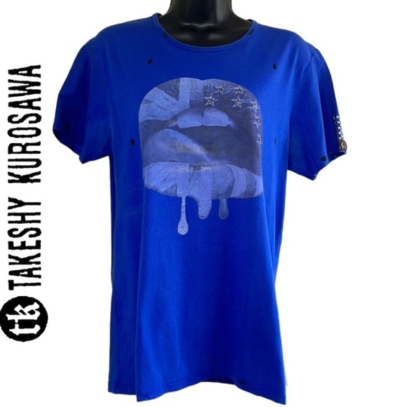 Takeshy Kurosawa Women’s Blue Graphic Print Studded Detail Tees Size L - Picture 1 of 15